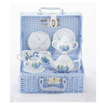 Delton Child's Porcelain Tea Set for 2 in Wicker Basket Hydrangea NEW