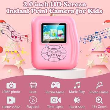 Kids Camera Instant Print, Christmas Birthday Gifts for 3-12 Year Old Girls Boys, 12MP Selfie Digita...