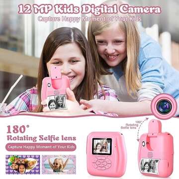 Kids Camera Instant Print, Christmas Birthday Gifts for 3-12 Year Old Girls Boys, 12MP Selfie Digital Toddler Camera Portable Kids Toys, 1080P Child Video Camera with Print Paper, 32GB Card- Pink