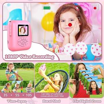 Kids Camera Instant Print, Christmas Birthday Gifts for 3-12 Year Old Girls Boys, 12MP Selfie Digital Toddler Camera Portable Kids Toys, 1080P Child Video Camera with Print Paper, 32GB Card- Pink