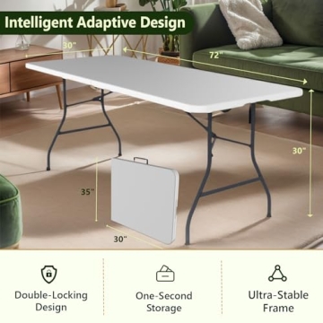 MAKE CHANGES Folding Table 6ft - Heavy Duty Plastic Table with Handle, Foldable & Portable, Fold-in-...