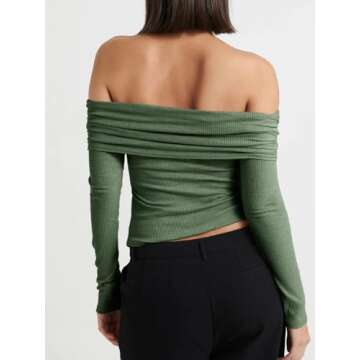 Cicy Bell Womens Off The Shoulder Tops Cute Long Sleeve Slim Fit Ribbed Ruched Shirt 2024 Fall Y2k Clothes Army Green