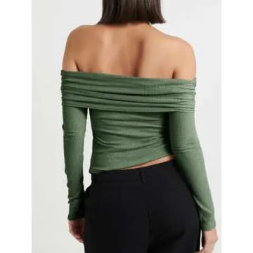 Cicy Bell Womens Off The Shoulder Tops Cute Long Sleeve Slim Fit Ribbed Ruched Shirt 2024 Fall Y2k Clothes Army Green