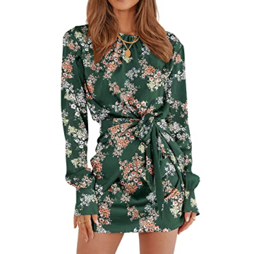 PRETTYGARDEN Women's Spring Satin Dress Long Sleeve Tie Waist Elegant Cocktail Party Mini Fall Dress...