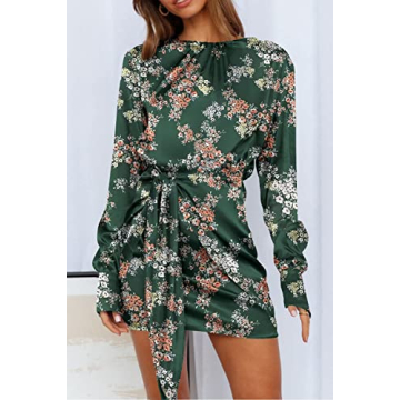 PRETTYGARDEN Women's Spring Satin Dress Long Sleeve Tie Waist Elegant Cocktail Party Mini Fall Dresses(Print Dark Green Pink Floral,Large)