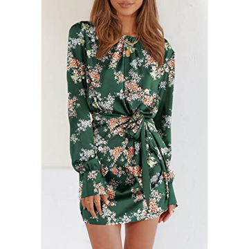 PRETTYGARDEN Women's Spring Satin Dress Long Sleeve Tie Waist Elegant Cocktail Party Mini Fall Dresses(Print Dark Green Pink Floral,Large)