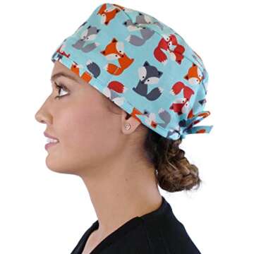 Sparkling EARTH Friendly Foxes Unisex Classic Surgical Style Scrub Working Cap - 100% Cotton - Made in The USA!