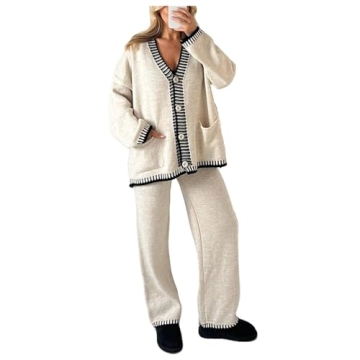 Miqil Women 2 Piece Sweater Outfits Long Sleeve Knit Pullover Top Wide Leg Knit Pants Lounge Set Cas...