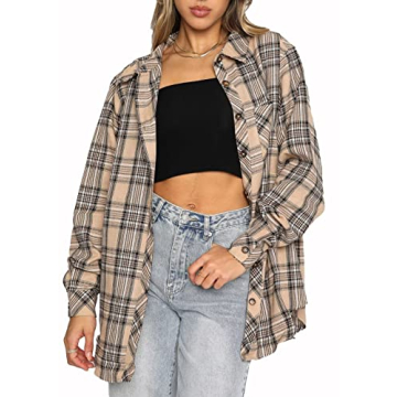 Lacozy Women’s Casual Flannel Shirts - Buffalo Plaid Print Button Down Loose Fit Blouse - Apricot ...