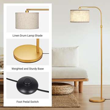 EDISHINE Arc Floor Lamp for Living Room, Modern Standing Lamp with Adjustable Drum Shade, Gold Reading Lamp Corner Light with Foot Switch for Bedroom, Office, Kids Room