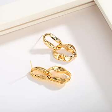 WOWORAMA Link Chain Drop Earrings for Women 14K Gold Plated Irregular Paperclip Link Earrings Minimalist Double Circle Hoop Dangle Earrings Jewelry
