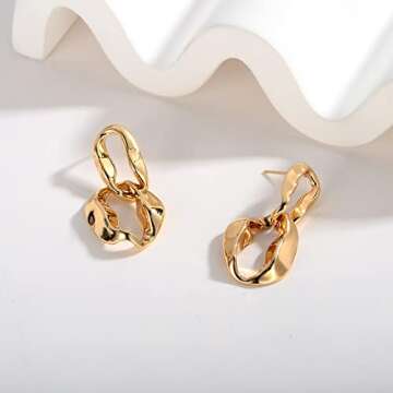 WOWORAMA Link Chain Drop Earrings for Women 14K Gold Plated Irregular Paperclip Link Earrings Minimalist Double Circle Hoop Dangle Earrings Jewelry