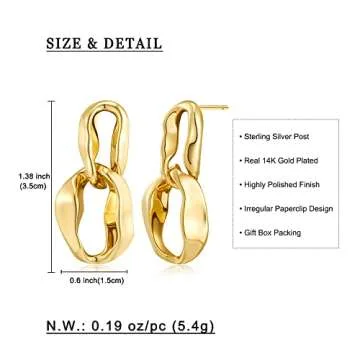 WOWORAMA Link Chain Drop Earrings for Women 14K Gold Plated Irregular Paperclip Link Earrings Minimalist Double Circle Hoop Dangle Earrings Jewelry