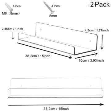 Cerpourt Acrylic Floating Wall Ledge Shelf, Clear Bathroom Storage Shelves Display,Acrylic 15" Invisible Bookshelf (2pack)