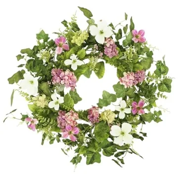 YNYLCHMX 18" Spring Wreaths for Front Door | Vibrant Summer Decor with Pink Hydrangea & Green Eucaly...