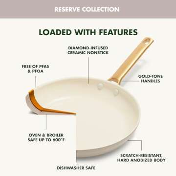 GreenPan Reserve Hard Anodized Healthy Ceramic Nonstick 12" Frying Pan Skillet with Helper Handle and Lid, Gold Handle, PFAS-Free, Dishwasher Safe, Oven Safe, Taupe