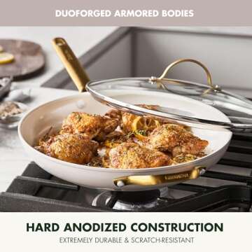 GreenPan Reserve Hard Anodized Healthy Ceramic Nonstick 12" Frying Pan Skillet with Helper Handle and Lid, Gold Handle, PFAS-Free, Dishwasher Safe, Oven Safe, Taupe