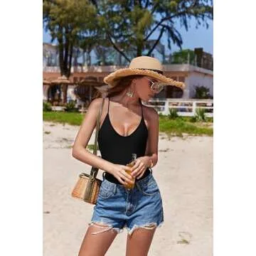 Ekouaer Womens One Piece Backless Bather Swimsuit High Waisted Pin up Swimwear,6043-black1,M (fit US 6 - 8)