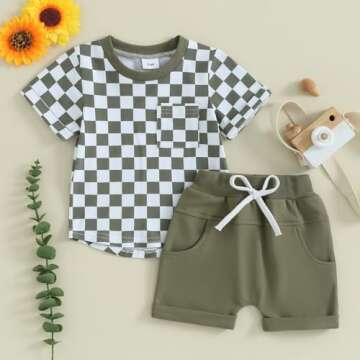 Toddler Baby Boy Girl Summer Clothes Checkerboard Print Short Sleeve T-Shirt Tee Tops Rolled Shorts Infant Outfits (A- Army green, 3-4T)