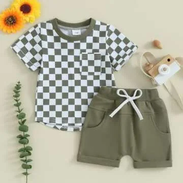 Toddler Baby Boy Girl Summer Clothes Checkerboard Print Short Sleeve T-Shirt Tee Tops Rolled Shorts Infant Outfits (A- Army green, 3-4T)