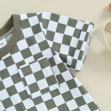 Toddler Baby Boy Girl Summer Clothes Checkerboard Print Short Sleeve T-Shirt Tee Tops Rolled Shorts Infant Outfits (A- Army green, 3-4T)