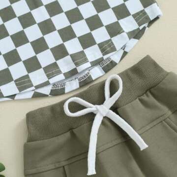 Toddler Baby Boy Girl Summer Clothes Checkerboard Print Short Sleeve T-Shirt Tee Tops Rolled Shorts Infant Outfits (A- Army green, 3-4T)