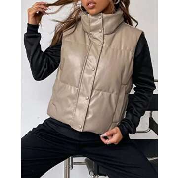 Zhiyouni Womens Faux Leather Sleeveless Puffer Vests Zipper Winter Padded Jackets Gilets (Beige-L)