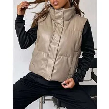 Zhiyouni Womens Faux Leather Sleeveless Puffer Vests Zipper Winter Padded Jackets Gilets (Beige-L)
