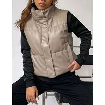 Zhiyouni Womens Faux Leather Sleeveless Puffer Vests Zipper Winter Padded Jackets Gilets (Beige-L)