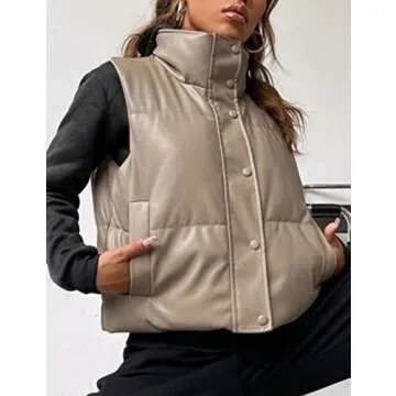 Zhiyouni Womens Faux Leather Sleeveless Puffer Vests Zipper Winter Padded Jackets Gilets (Beige-L)
