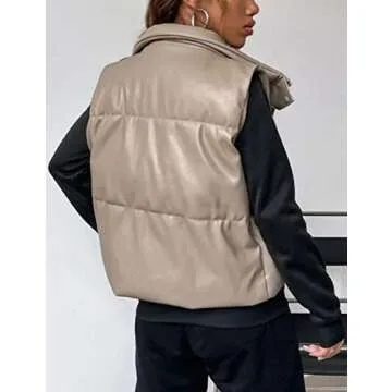 Zhiyouni Womens Faux Leather Sleeveless Puffer Vests Zipper Winter Padded Jackets Gilets (Beige-L)