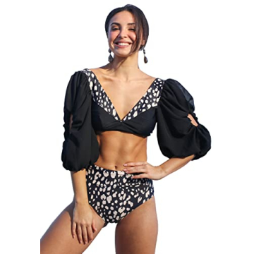 SPORLIKE Women High Waist Swimsuit Chiffon Short Sleeves Bikini Padded Bathing Suit(Black/Leopard,Me...