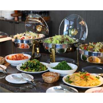 Amhier 5 Qt Chafing Dishes for Buffet with Glass Lid and Holder, Stainless Steel Chafing Dish Buffet Set with Food and Water Pans for Parties and Weddings, Gold, 4 Pack