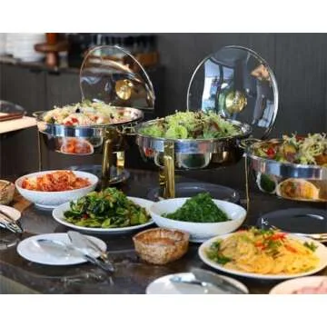 Amhier 5 Qt Chafing Dishes for Buffet with Glass Lid and Holder, Stainless Steel Chafing Dish Buffet Set with Food and Water Pans for Parties and Weddings, Gold, 4 Pack