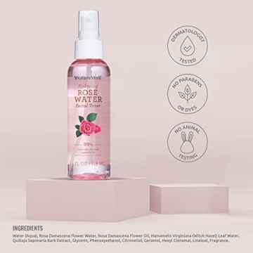 NATURE WELL Rose Water Hydrating Facial Toner Mist for Dewy & Radiant Skin, 100% Vegan, Refreshing, Conditioning, Soothing, Redness Reducing, Perfect for Travel, 4 Fl Oz