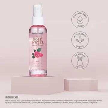 NATURE WELL Rose Water Hydrating Facial Toner Mist for Dewy & Radiant Skin, 100% Vegan, Refreshing, Conditioning, Soothing, Redness Reducing, Perfect for Travel, 4 Fl Oz