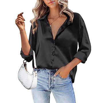 HOTOUCH Silk Blouses Women's Satin Long Sleeve Button Down Shirt Casual Work Office Autumn Silky Top...