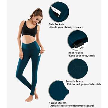 Lingswallow High Waist Yoga Pants - Yoga Pants with Pockets Tummy Control, 4 Ways Stretch Workout Running Yoga Leggings (Peacock Blue, Large)