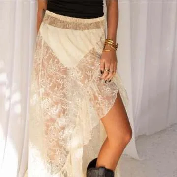 Women Y2k Lace Maxi Skirt Summer Sexy See Through Long Lace Skirt Casual Boho Fairy Grunge Midi Lace Skirt (Light Khaki, S)