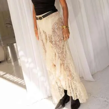 Women Y2k Lace Maxi Skirt Summer Sexy See Through Long Lace Skirt Casual Boho Fairy Grunge Midi Lace Skirt (Light Khaki, S)