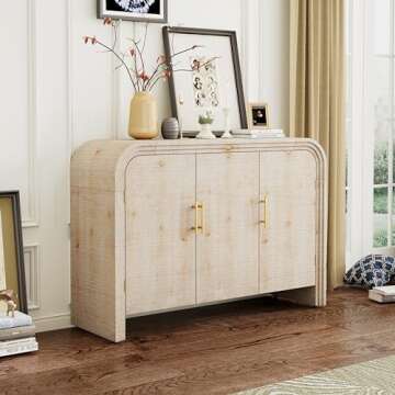 LyuHome 47.2'' Sideboard Buffet Cabinet with Storage & Adjustable Shelf for Living Room, Modern Mid-Century Farmhouse Wood Sideboard with Curved Edge for Kitchen Dining Room, Natural Wood Wash