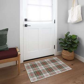 Ruggable Washable 2x3 Area Rug, Plaid, Premium Winter Rugs for Living Room, Bedroom, Kitchen, Office, Classroom with Gripper Non Slip Pad, Dress Stewart Tartan White