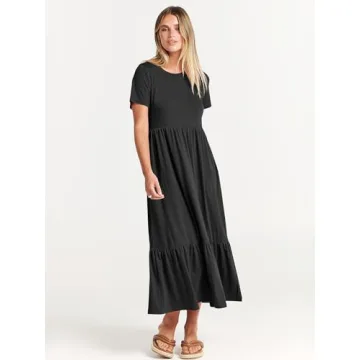 ANRABESS Women Summer Casual Short Sleeve Crewneck Aline Swing Flowy Tiered Shirt Maxi Beach Long Dress 2024 Trendy Outfits Black X-Large