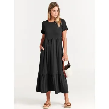 ANRABESS Women Summer Casual Short Sleeve Crewneck Aline Swing Flowy Tiered Shirt Maxi Beach Long Dress 2024 Trendy Outfits Black X-Large