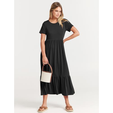 ANRABESS Women Summer Casual Short Sleeve Crewneck Aline Swing Flowy Tiered Shirt Maxi Beach Long Dress 2024 Trendy Outfits Black X-Large