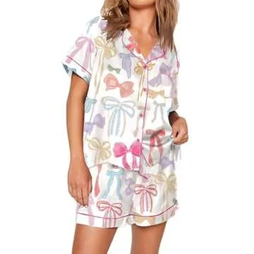 Womens Cute Print Pajamas Shorts Set Two-piece Pj Sets Short Sleeve Sleepwear Loungewear Button-Down 2 Piece Pjs Set(Bow Colorful,S