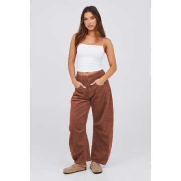 Lviefent Womens Mid Rise Cord Barrel Jeans Casual Baggy Wide Leg Corduroy Cropped Ankle Pants with Pockets (Burgundy-L)