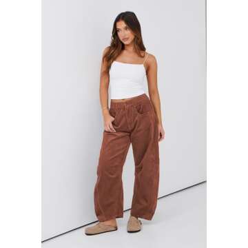 Lviefent Womens Mid Rise Cord Barrel Jeans Casual Baggy Wide Leg Corduroy Cropped Ankle Pants with Pockets (Burgundy-L)