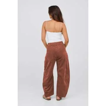 Lviefent Womens Mid Rise Cord Barrel Jeans Casual Baggy Wide Leg Corduroy Cropped Ankle Pants with Pockets (Burgundy-L)