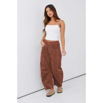 Lviefent Womens Mid Rise Cord Barrel Jeans Casual Baggy Wide Leg Corduroy Cropped Ankle Pants with Pockets (Burgundy-L)